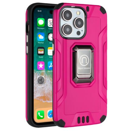 Pink phone case with metal ring holder.