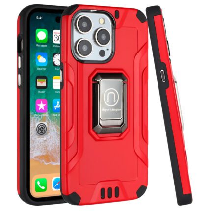 Red rugged phone case with metal stand.