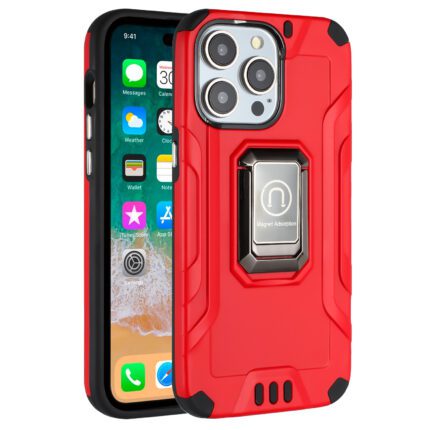 Red phone case with built-in metal ring.