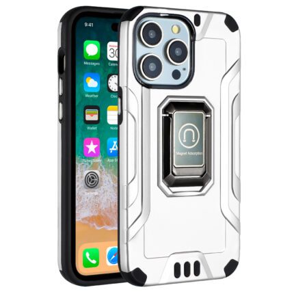 Smartphone with rugged white protective case.