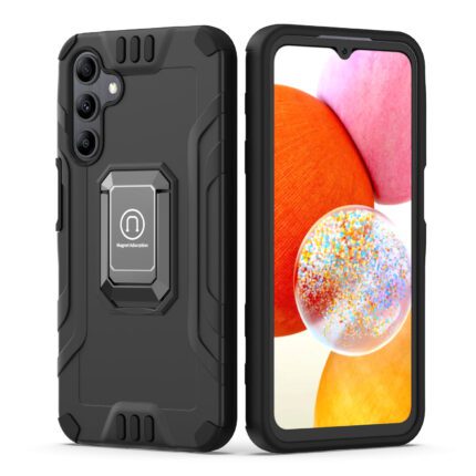 Rugged black smartphone case with screen display.