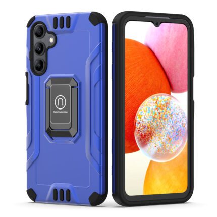 Blue rugged smartphone case with phone display.
