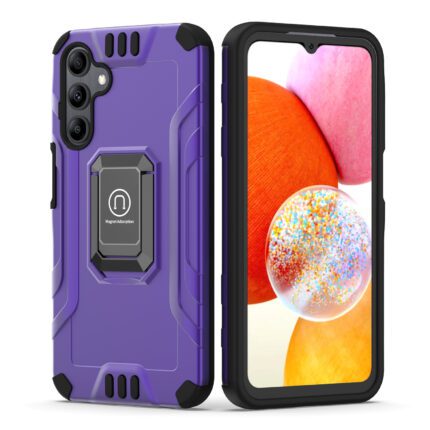 Purple rugged phone case on smartphone.