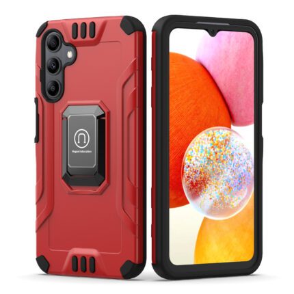 Red rugged smartphone case with phone display.
