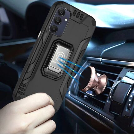 Phone with magnetic case near car mount.