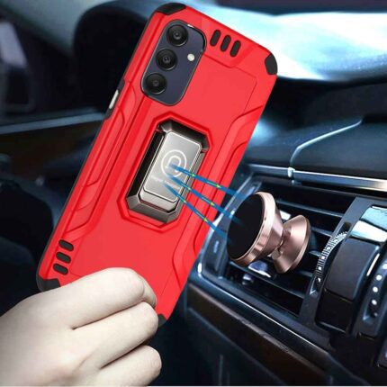 Red phone case with magnetic car mount.