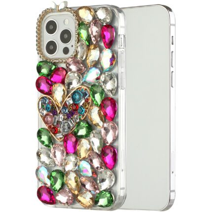 Colorful jeweled phone case with heart design.