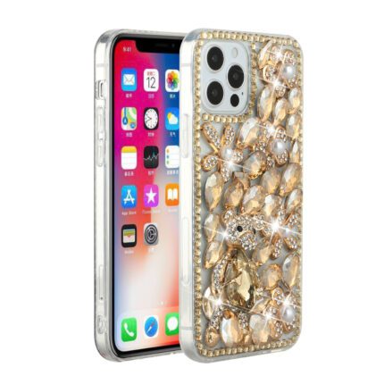 Sparkling jeweled phone case with gold accents.