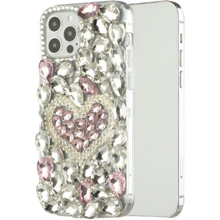 Smartphone with jeweled, heart-shaped design case.