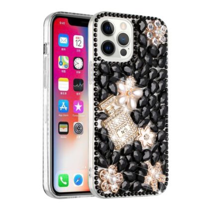 Ornate phone case with black crystals.