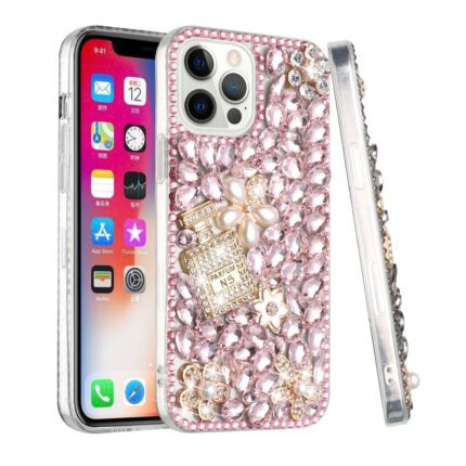 Sparkling jeweled phone case with floral design.