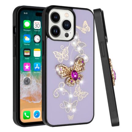 Phone case with butterfly and gemstone design.