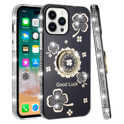 Sparkly phone case with floral design.