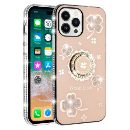 iPhone with glittery clover case design.