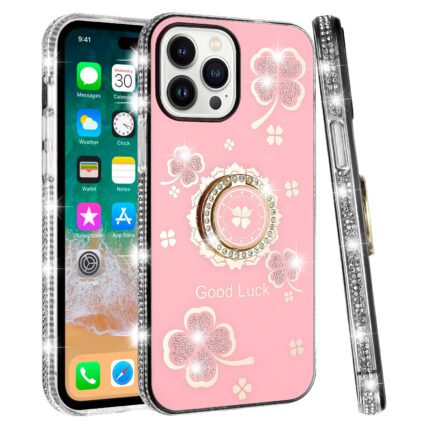 Pink phone case with clover design.