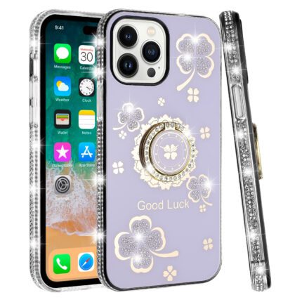 Sparkly phone case with clover design.
