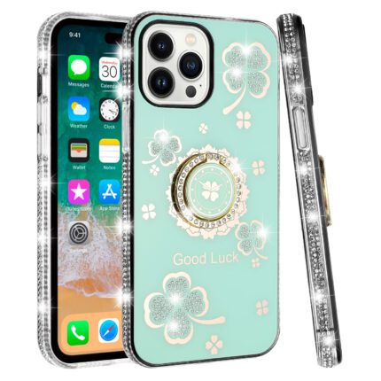 Sparkly phone case with clover design.