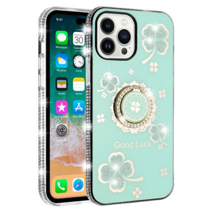 Sparkly phone case with clover design.