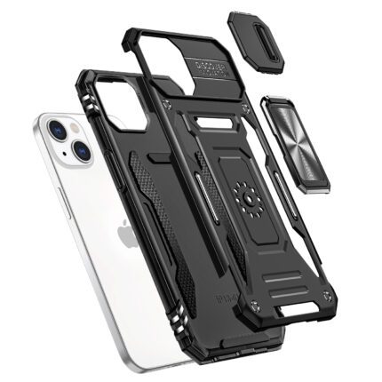 Rugged black phone case with components.