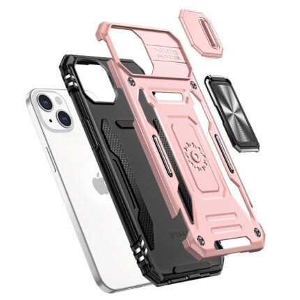 Phone case components with phone, disassembled view.