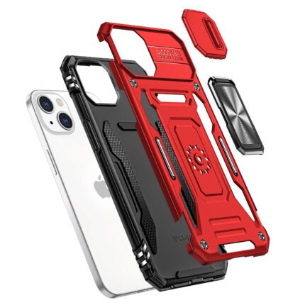 Red rugged phone case with detachable parts.