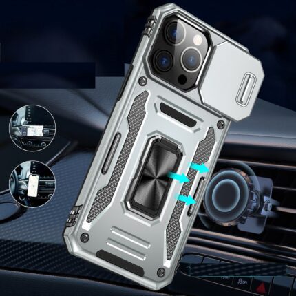 Protective phone case on car vent mount.