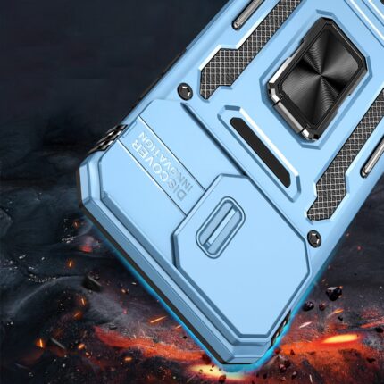 Blue rugged smartphone case on fiery surface.