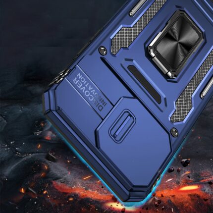 Blue rugged smartphone case with metal accents.