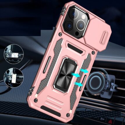 Rugged pink phone case with stand feature.