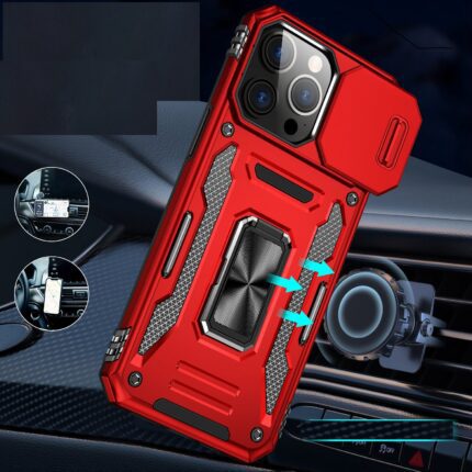 Red protective phone case with car mount.