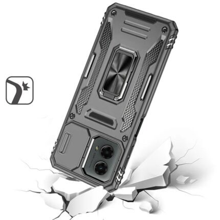 Rugged phone case on cracked surface illustration.