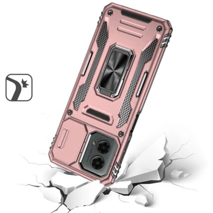 Rugged pink phone case on cracked surface.