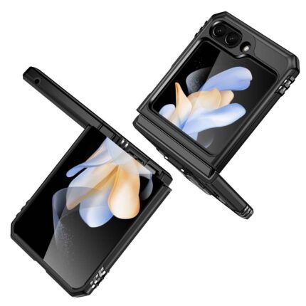 Foldable smartphones with black protective cases.