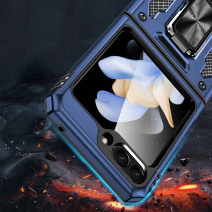 Blue rugged phone case on fiery background.