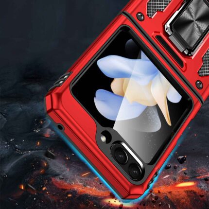 Red rugged phone case on fiery background.