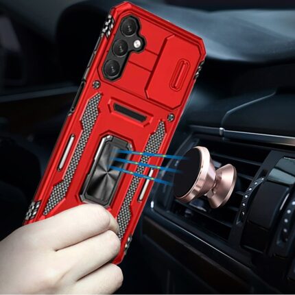 Red phone case with magnetic car mount.