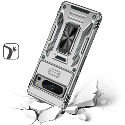 Rugged phone case on cracked surface illustration.
