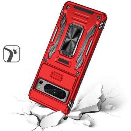 Red rugged phone case on cracked surface.