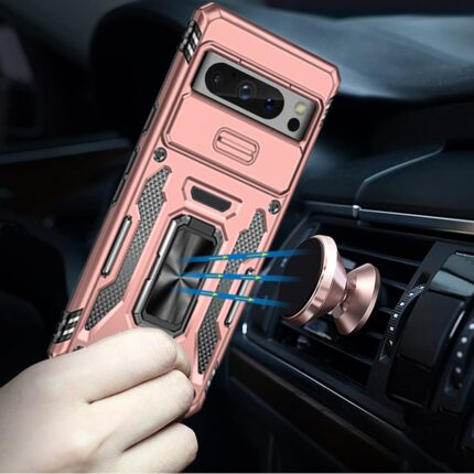 Phone with pink case on magnetic car mount.