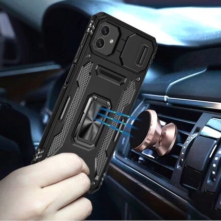 Phone case near car air vent holder.