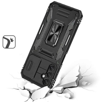 Rugged phone case on cracked surface.