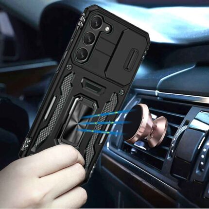 Rugged phone case near car air vent.