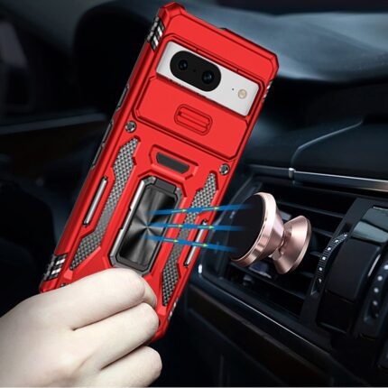 Phone with red case near car mount.