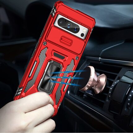 Red phone case with magnetic car mount.