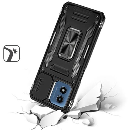 Rugged phone case on cracked surface illustration.