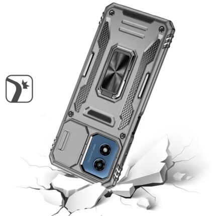 Rugged phone case on cracked surface background.