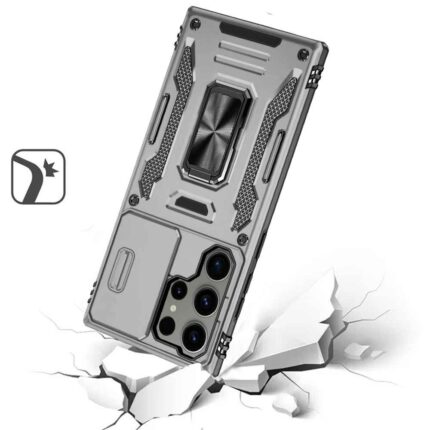 Rugged phone case on cracked surface.
