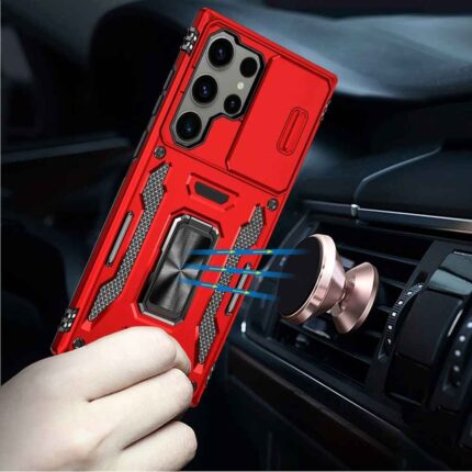 Red phone case with magnetic car mount.