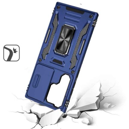 Rugged blue phone case on cracked surface.