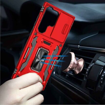 Red phone case with magnetic car mount.